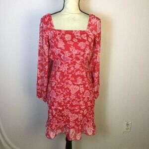 Sim & Sam Mini Dress Size L Womans Red Pink Floral Smocked Milkmaid Square Neck